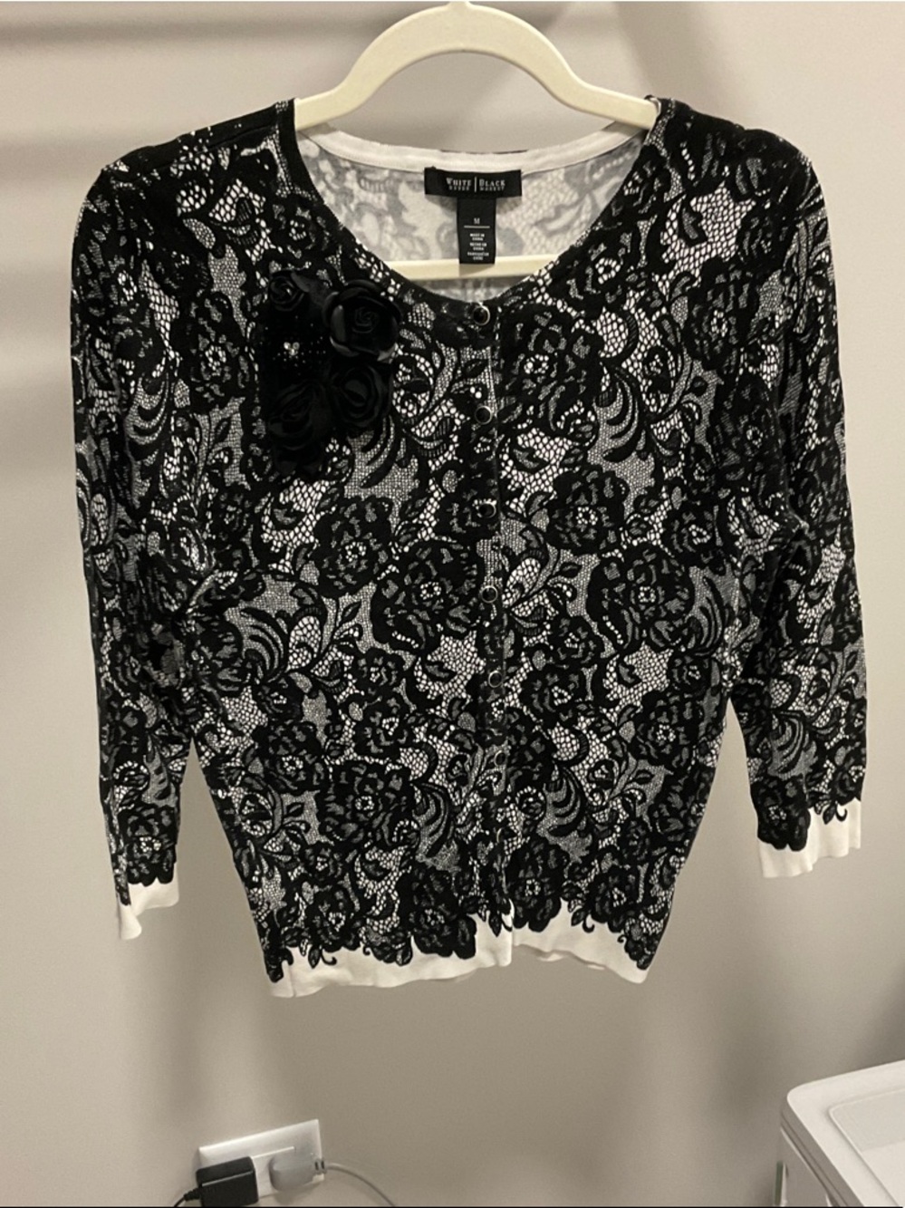 White House Black Market Black Lace-Overlay Cardigan with White Trim
